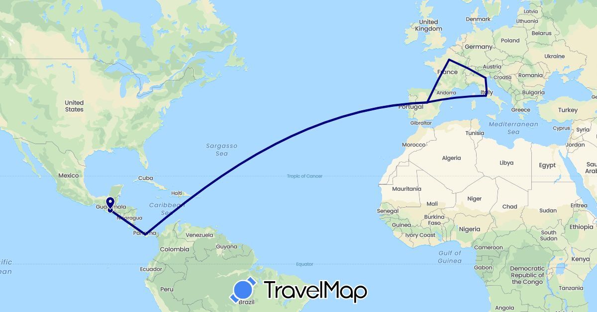 TravelMap itinerary: driving in Spain, France, Guatemala, Italy, Panama, Vatican City (Europe, North America)